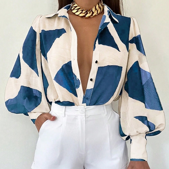 Tops - Women's Long Sleeve Allover Print Blouse With Shirt Collar, Casual